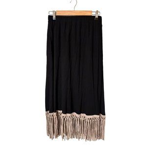 Origami Black Fringe Skirt Women's Size L Solid Rayon Polyester Blend